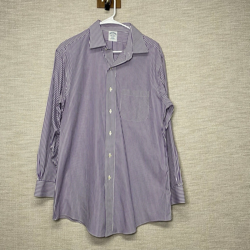 Brooks Brothers 1818 Dress Shirt 16 2 Men Slim Non Iron Purple Stripes - Picture 2 of 7